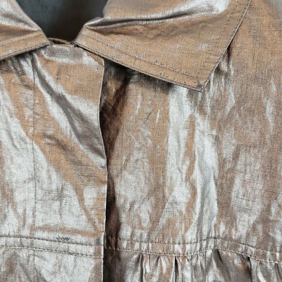 CHICOS 1 ( M ) Glossy Brown Coated Linen Casual Jacket 1/2 Sleeve FLAWS - Picture 8 of 10
